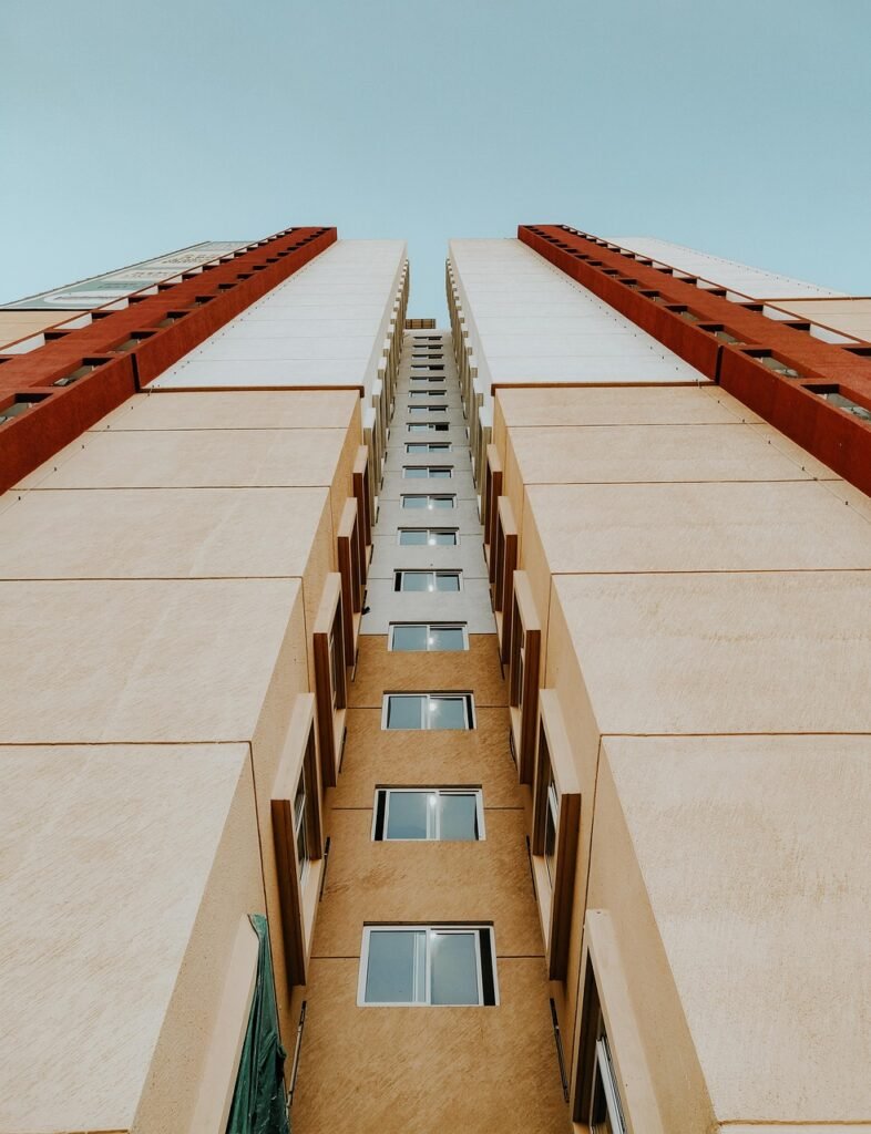 Looking up between two apartment towers