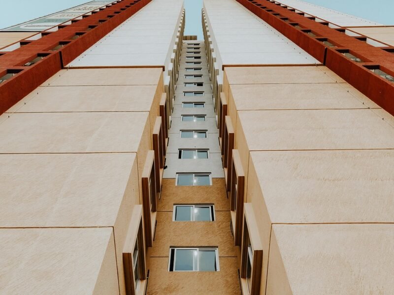 Looking up between two apartment towers